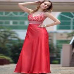 V-neck Hot Red Lace Formal Evening Dres